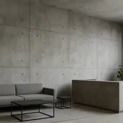 Nowoczesne wnętrze z betonem architektonicznym na ścianach. Sofa, stolik i recepcja tworzą minimalistyczną przestrzeń.