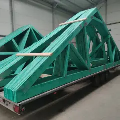 Zielone wiązary dachowe z desek, gotowe do transportu na przyczepie. Konstrukcje czekają na montaż, by stworzyć solidne dachy.