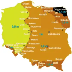 Mapa Polski z zaznaczonymi miastami i informacją, jak obliczyć głębokość fundamentów w zależności od regionu (np. 0,8 m, 1 m, 1,2 m, 1,4 m).
