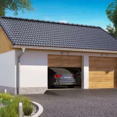 Nowoczesny, wolnostojący garaż dwustanowiskowy z drewnianymi bramami i zadbanym ogrodem.