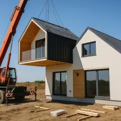Montaż modułu domu szkieletowego. Dźwig podnosi element z balkonem, obok stoi pracownik budowy.