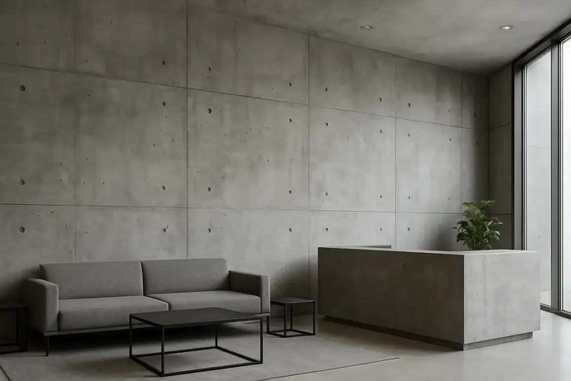 Nowoczesne wnętrze z betonem architektonicznym na ścianach. Sofa, stolik i recepcja tworzą minimalistyczną przestrzeń.