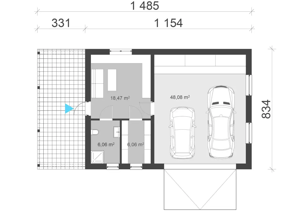 Projekt garażu dwustanowiskowego wolnostojącego z miejscem na dwa samochody (48,08 m²), pomieszczeniem gospodarczym (18,47 m²) i dwiema łazienkami (6,06 m² każda).