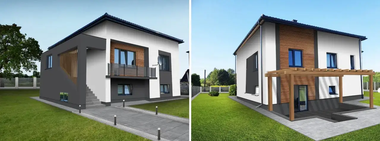 Nowoczesny wygląd domu po modernizacji. Biała elewacja z szarymi akcentami i drewnianymi panelami.